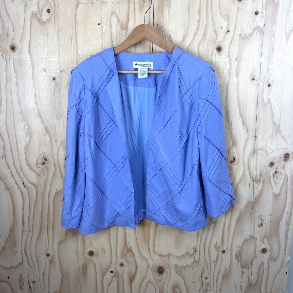 Appleseed's Blazer Blue Pintuck Womens 18 Open Front Linen Blend Jacket
